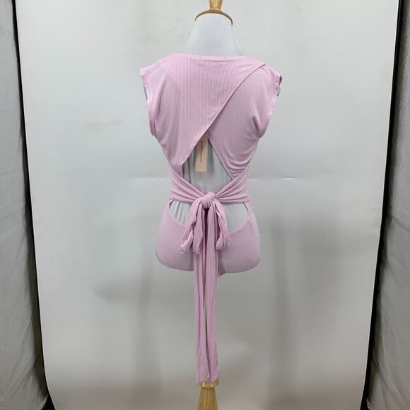 BCBGeneration Bodysuit Womens XS Extra Small Pink Cut Out Surplice Wrap Tie Knit - Picture 4 of 12